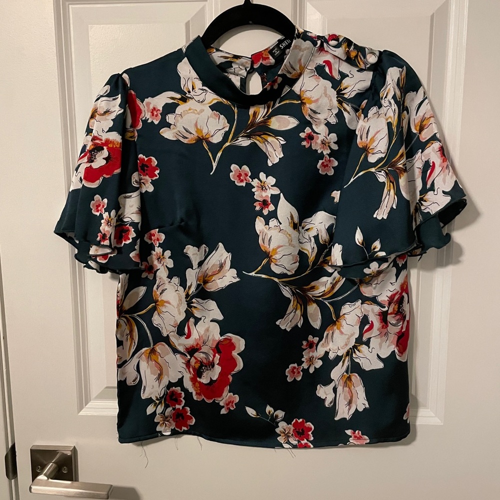 Floral mock neck silk top